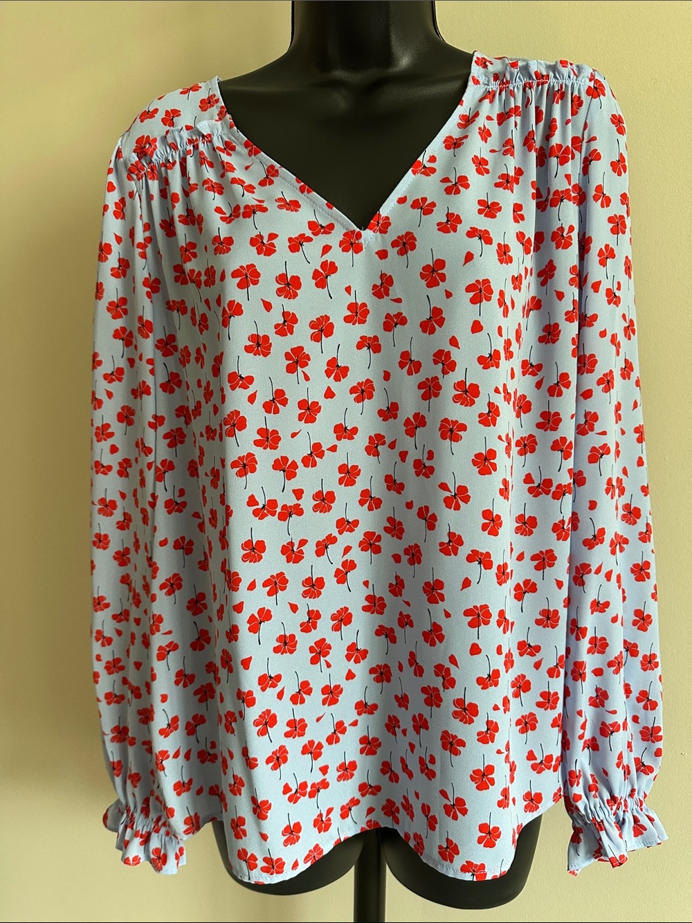 🌺 Ann Taylor Factory Light Blue Blouse with Red Floral Print